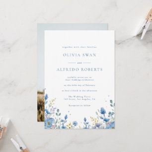 Moderne Weiße Blaue Florale Hochzeit Mit Foto Einladung