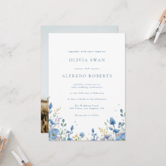 Moderne Weiße Blaue Florale Hochzeit Mit Foto Einladung