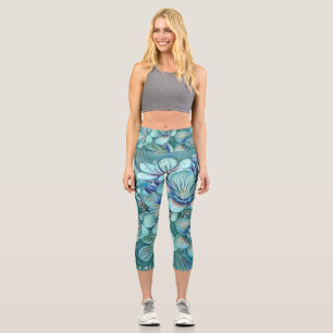 Moderne weiße blaue grüne Kirschblüten Wasserfarbe Capri Leggings