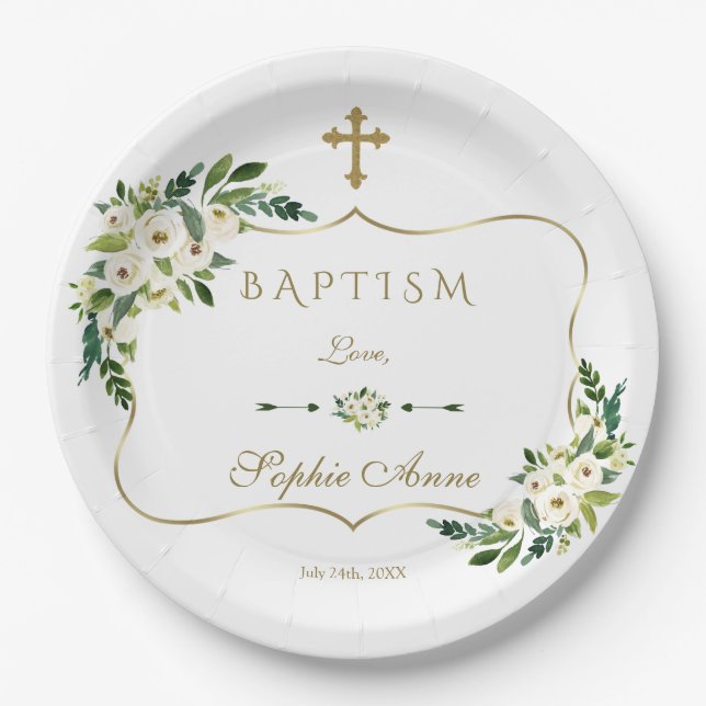 Moderne weiße blühende BlütenGirl-Taufe Pappteller (Vorderseite)