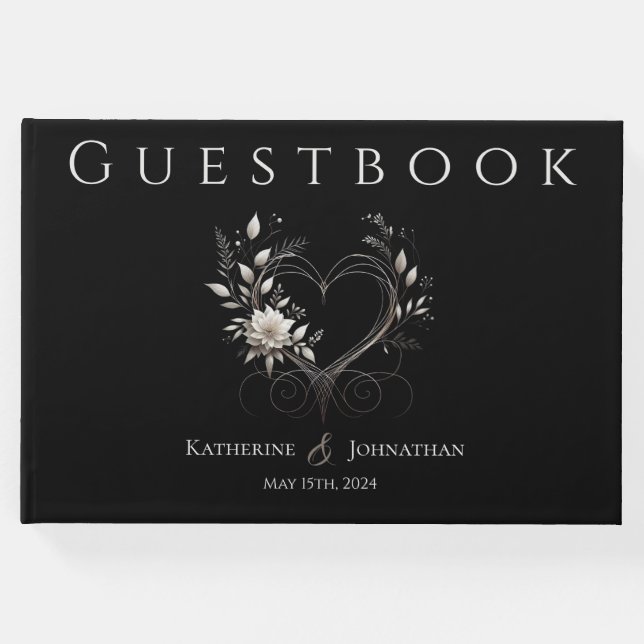 Moderne weiße Blume mit einer Herzhochzeit Gästebuch (Vorderseite)