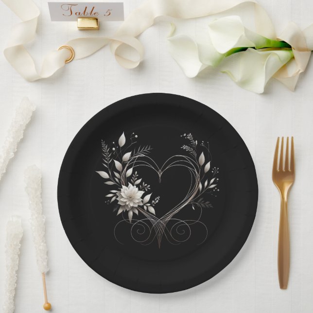 Moderne weiße Blume mit Herz Pappteller (Hochzeit)