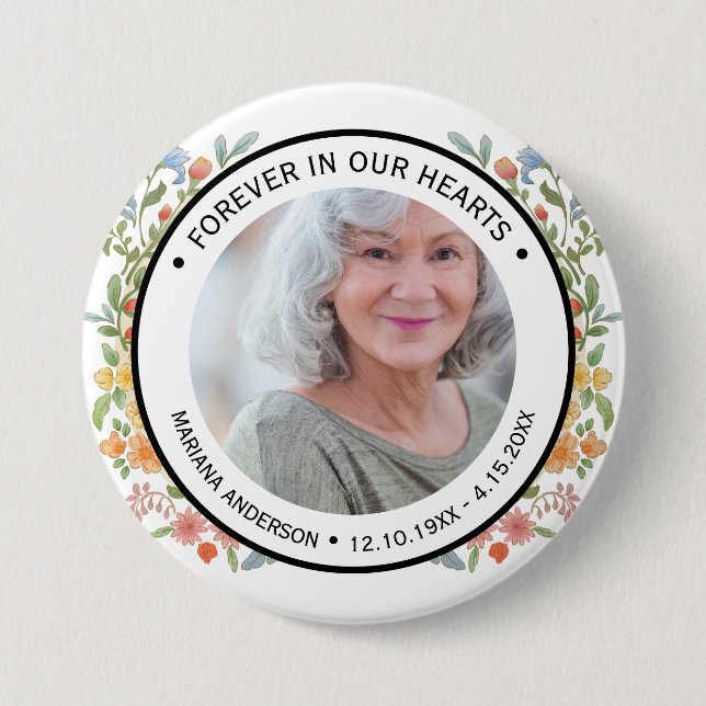 Moderne weiße Blumen - Für immer in unseren Herzen Button (Vorderseite)
