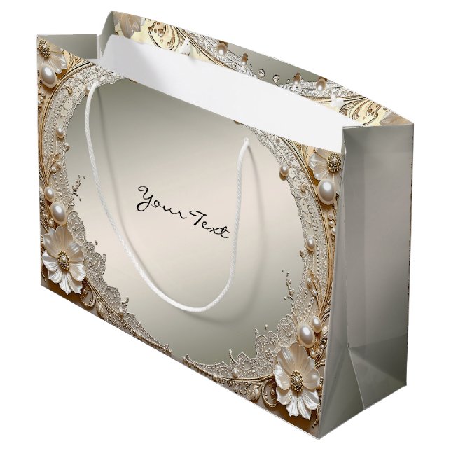 Moderne weiße Blumen Perlen Geschenktasche Große Geschenktüte (Rückseite Schrägansicht)