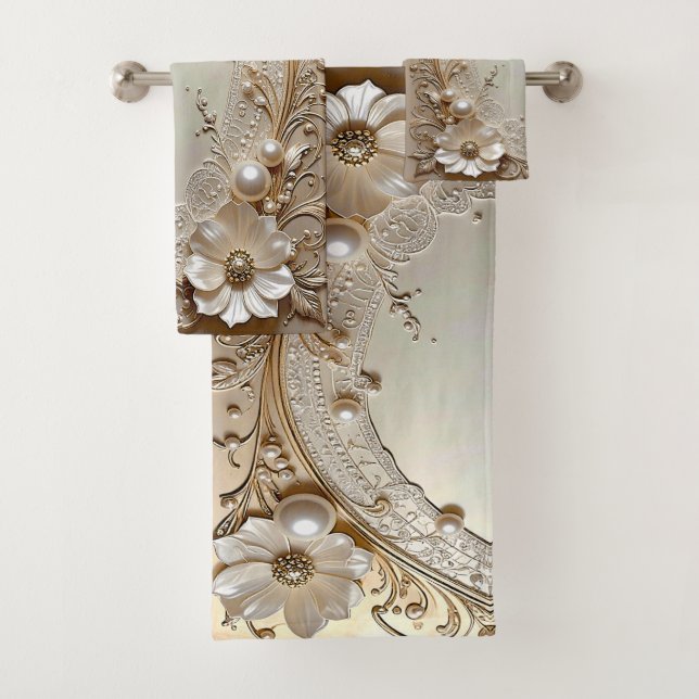 Moderne weiße Blumen Perlen Handtuch-Set Badhandtuch Set (Insitu)