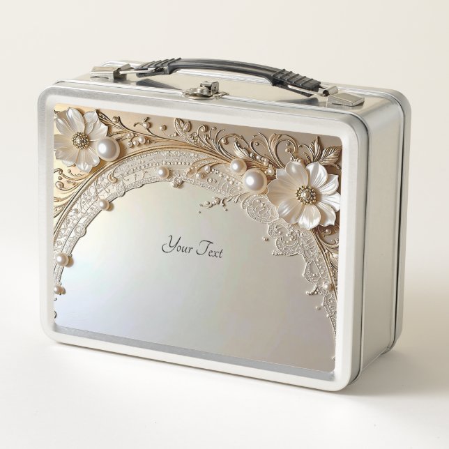 Moderne weiße Blumen Perlen Lunchbox (Vorderseite)