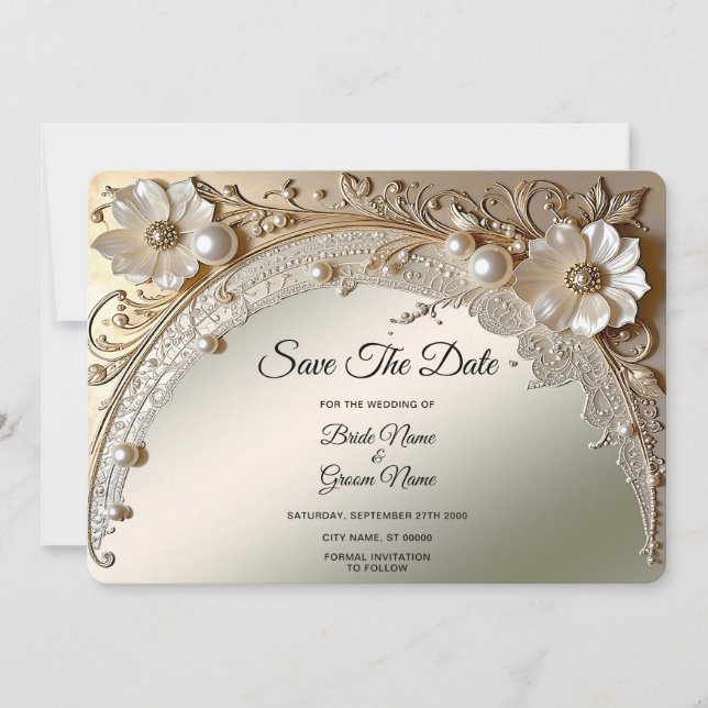 Moderne weiße Blumen Perlen Save The Date (Vorderseite)