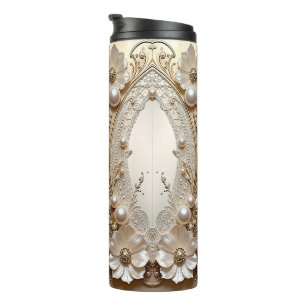 Moderne weiße Blumen Perlen Thermotumbler Thermosbecher