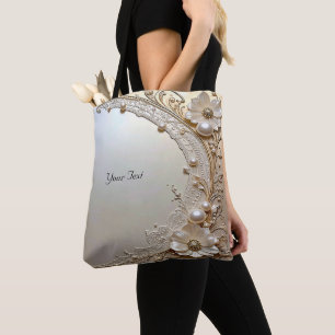 Moderne weiße Blumen Perlen Tote Bag