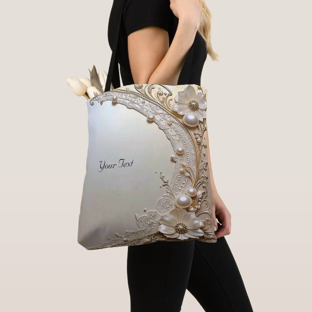 Moderne weiße Blumen Perlen Tote Bag (Von Nahem)