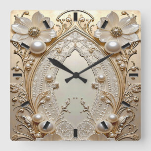 Moderne weiße Blumen Perlen Wanduhr