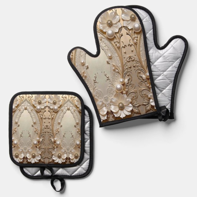 Moderne weiße Blumenperlen Ofenhandschuh & Topflappen-Set (Vorderseite/Rückseite)