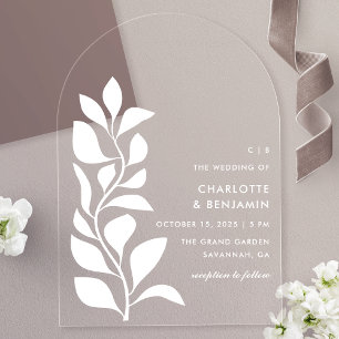 Moderne Weiße Botanische Blätter Hochzeit Acryleinladungen