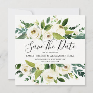 Moderne weiße Creme-Champagner-Blumenhochzeit Save The Date