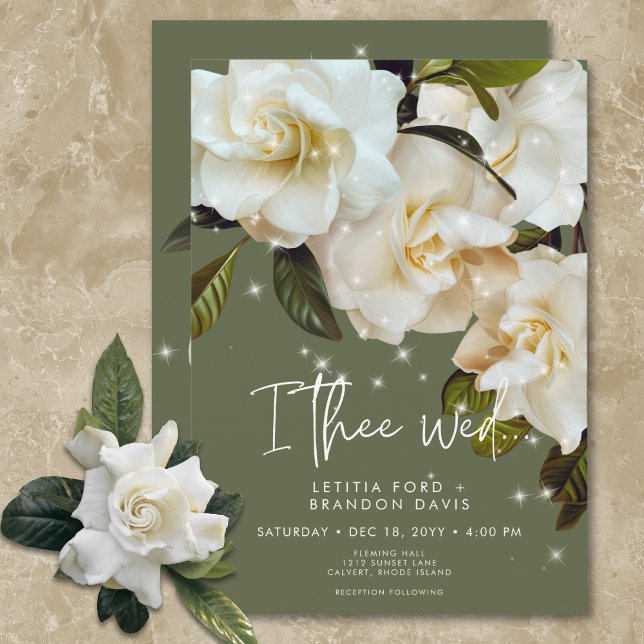 Moderne weiße Gärten auf Sage Sparkle Wedding Einladung (Modern White Gardenias on Sage Sparkle Wedding Invitation)