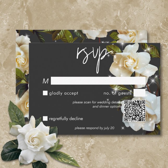 Moderne weiße Gärten auf schwarzem Sparkle QR-Code RSVP Karte (Modern White Gardenias on Black Sparkle QR Code RSVP Card)