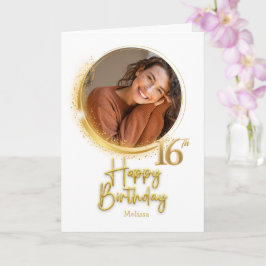 Moderne Weiße & Goldene Foto-Name 16. Geburtstag Karte