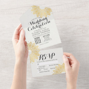 Moderne Weiße Goldene Mandala-Blumen-Chic-Hochzeit All In One Einladung