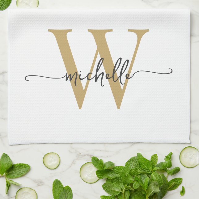 Moderne weiße Goldschrift mit individuellem Monogr Geschirrtuch (Gefaltet)