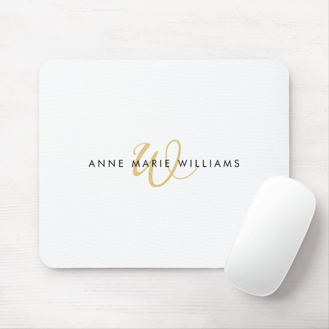 Moderne weiße Goldschrift-Monogramm Mousepad (Mit Mouse)