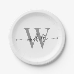 Moderne weiße graue benutzerdefinierte Monogramm-N Pappteller
