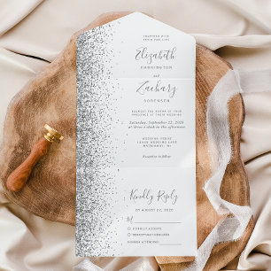 Moderne weiße graue silberne Glitter-Hochzeit All In One Einladung
