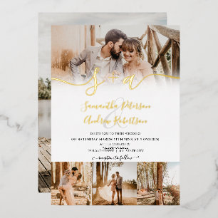 Moderne weiße Initialen-Schrift 5 Fotos Hochzeit Folieneinladung