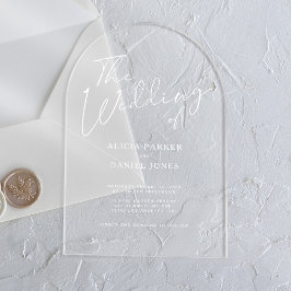 Moderne weiße Kalligrafie-Schrift Hochzeit Acryleinladungen