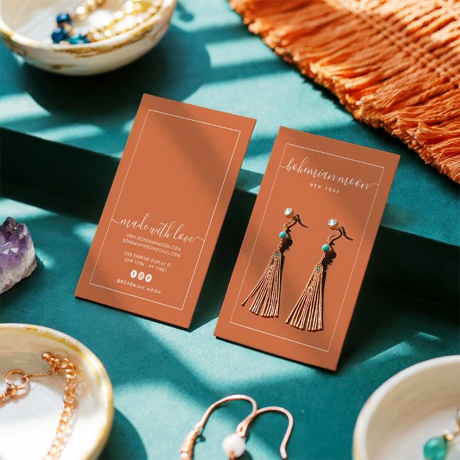 Moderne, weiße Kupferskriptkarte (Modern copper white script earring display card)