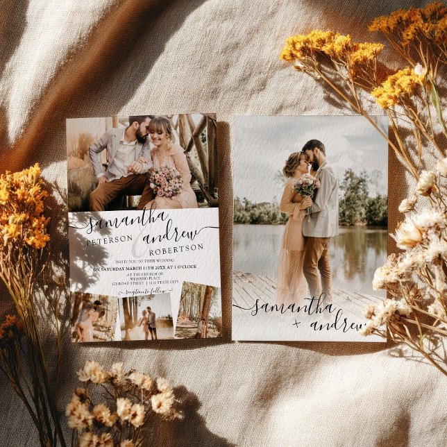 Moderne weiße minimalistische Drehbuch 5 Fotos Hoc Einladung (Modern white minimalist script 5 photos wedding invitation)