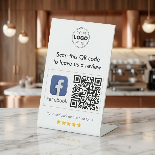Moderne Weiße Minimalistische Facebook-QR-Code-Übe Sockelschild (Minimalist Facebook QR Code Review Sign for Small Business Marketing)