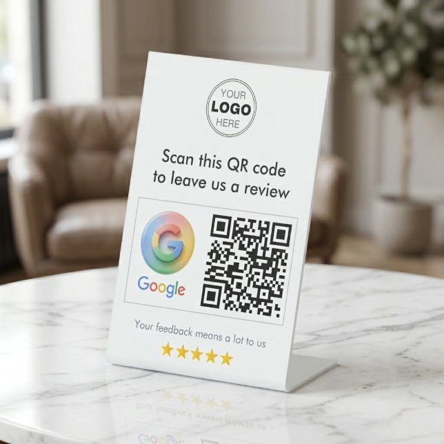 Moderne Weiße Minimalistische Google-Bewertungs-QR Sockelschild (Modern White Minimalist Google Review QR Code Sign for Small Business)