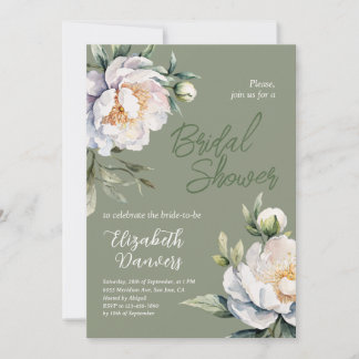 Moderne Weiße Pfingstrose Sage Grün Florale Hochze Einladung