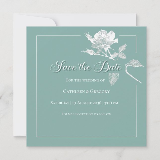 Moderne Weiße Rosen Hellgrüne Blumige Hochzeit Save The Date (Vorderseite)