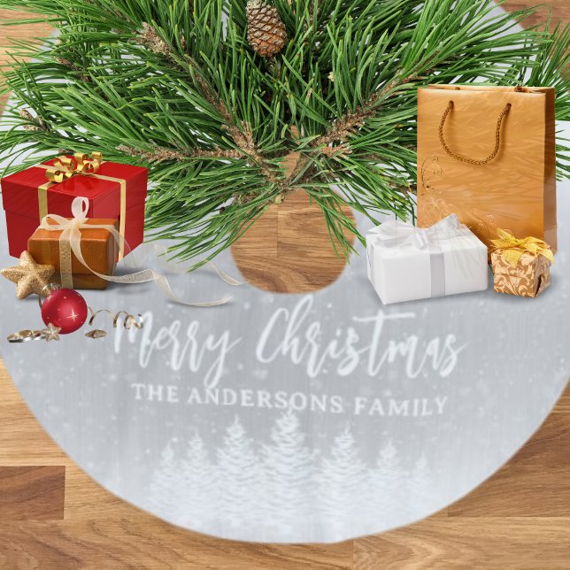 Moderne weiße Schneebäume Metallische Silberfest W Polyester Weihnachtsbaumdecke (Von Creator hochgeladen)