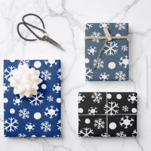 Moderne weiße Schneeflocken Blau und Schwarze Weih Geschenkpapier Set