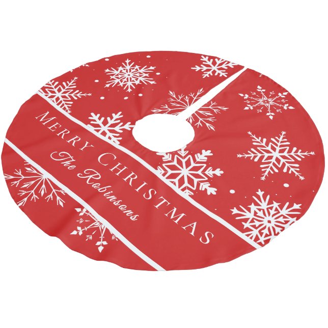 Moderne weiße Schneeflocken  Polyester Weihnachtsbaumdecke (Schrägansicht)