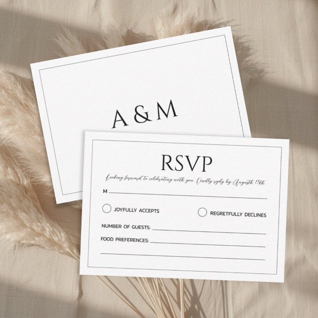Moderne weiße schwarze minimalistische Hochzeit RSVP Karte (Von Creator hochgeladen)