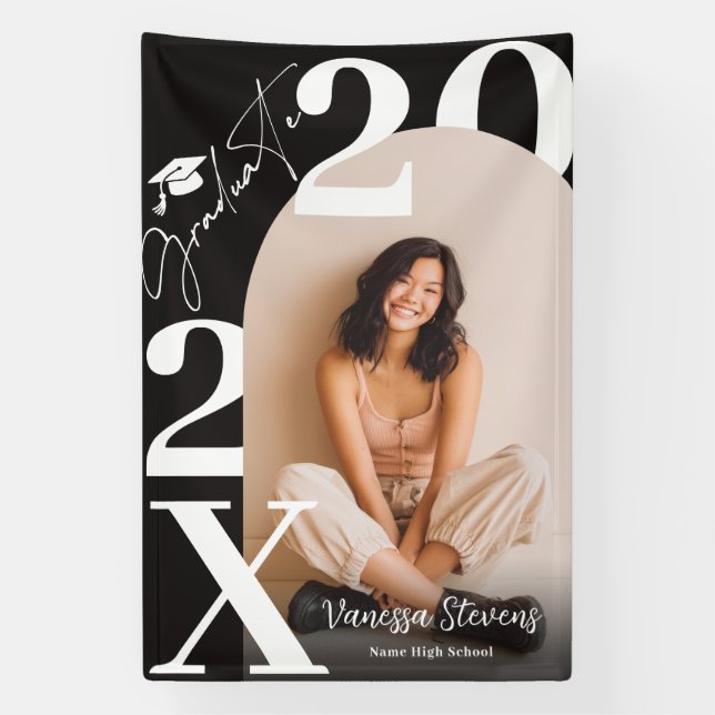 Moderne Weiße Schwarze Trendy Foto Abschlussfeier Banner (Vertikal)