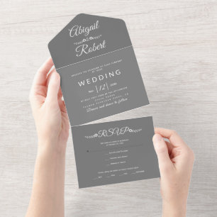 Moderne weiße Typografie, graue Hochzeit All In One Einladung