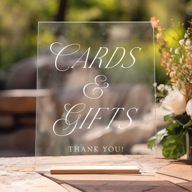 Moderne weiße Typografie Hochzeitskarten und Gesch Acrylschild (Please note: The wooden stand does not come with the sign. Zazzle sells a wood block stand.)