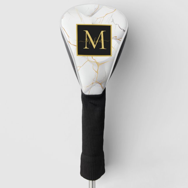 Moderne weiße und goldene marmorierte Monogramm-Na Golf Headcover (Vorderseite)