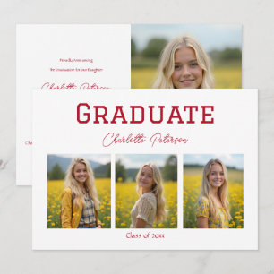 Moderne Weiße und Rote Foto Graduierungsankündigun Einladung