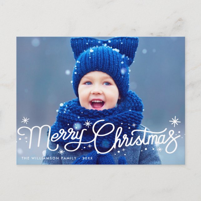 Moderne weiße Weihnachtsblauen Typografie Postkarte (Vorderseite)