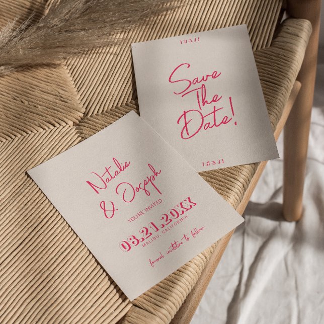 Moderne, weißfarbene, rosa, helle Retro-Trendhochz Save The Date (Von Creator hochgeladen)
