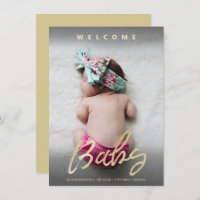 Moderne Welcome Baby Gold Script Full Foto Card