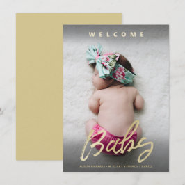Moderne Welcome Baby Gold Script Full Foto Card Einladung