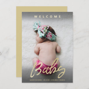 Moderne Welcome Baby Gold Script Full Foto Card Einladung