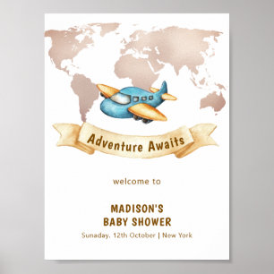 Moderne Weltkarte Flugzeug Junge Baby Shower Willk Poster