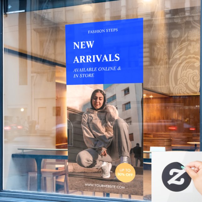 Moderne Werbeaktion Foto Blue Business Ads Fensteraufkleber (Café-Fenster)